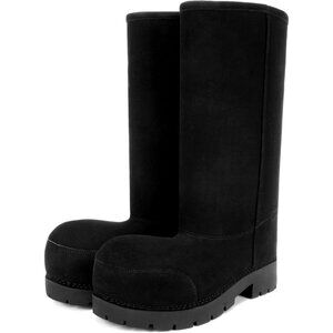 Faux Suede Platform Fuzzy Snow Round Toe Hippy Boots Slip On Knee High Black